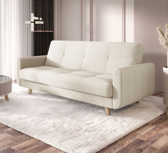 Jasnobeżowa sofa rozkładana Milo w salonie – nowoczesna kanapa z funkcją spania