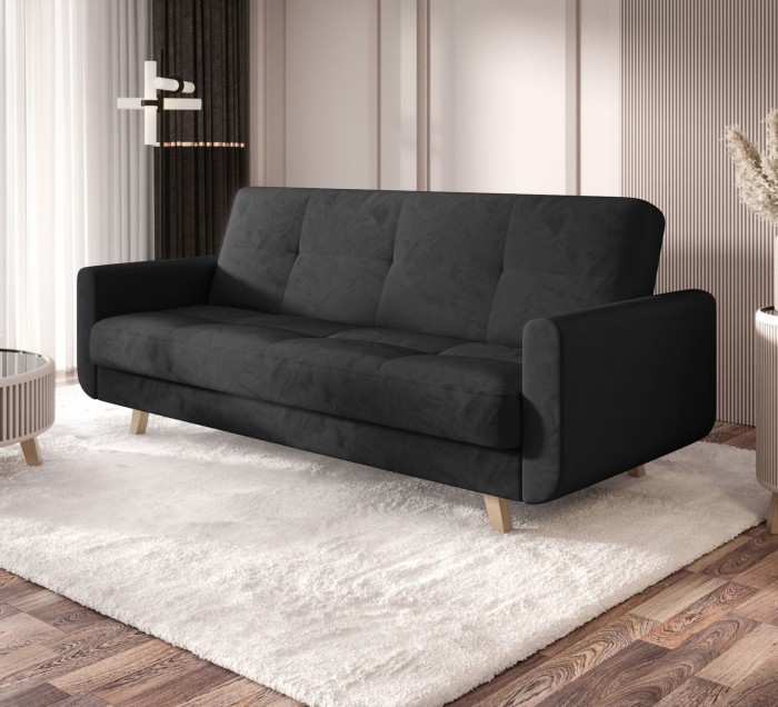 Czarna sofa rozkładana Milo w salonie – nowoczesna kanapa z funkcją spania