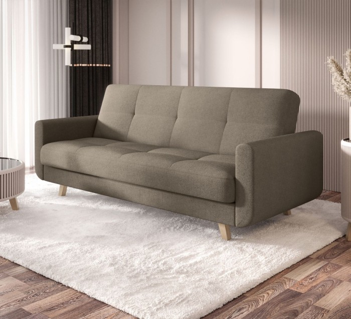 Ciemnobeżowa sofa rozkładana Milo w salonie – nowoczesna kanapa z funkcją spania