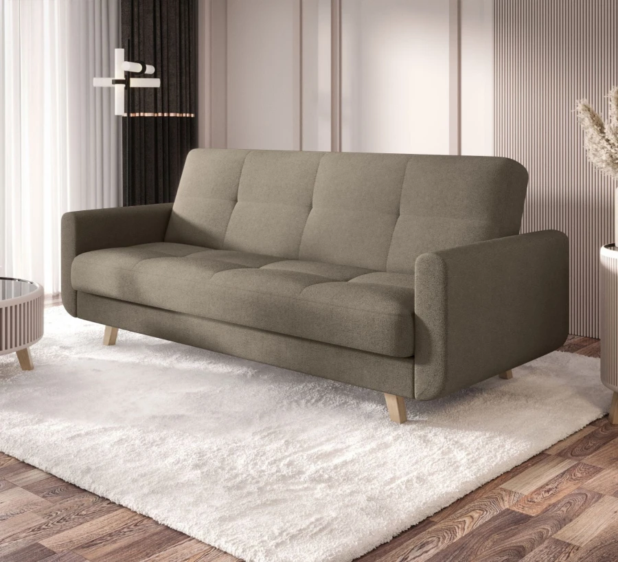 Ciemnobeżowa sofa rozkładana Milo w salonie – nowoczesna kanapa z funkcją spania