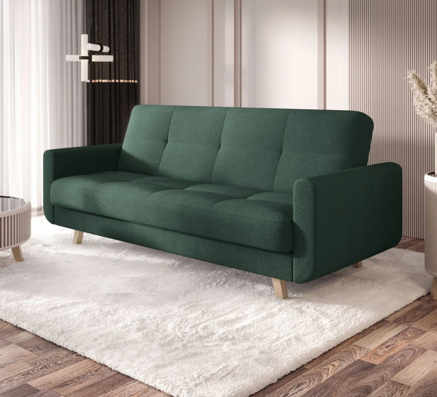 Ciemnozielona sofa rozkładana Milo w salonie – nowoczesna kanapa z funkcją spania