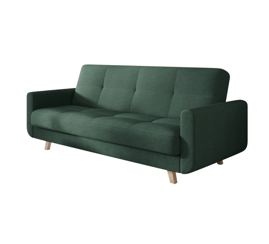 Ciemnozielona sofa rozkładana Milo w salonie – nowoczesna kanapa z funkcją spania