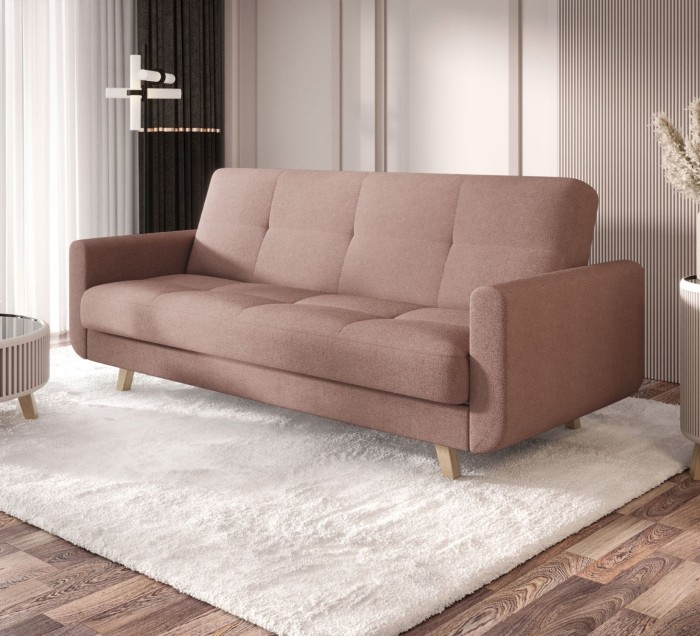 Brudnoróżowa sofa rozkładana Milo w salonie – nowoczesna kanapa z funkcją spania