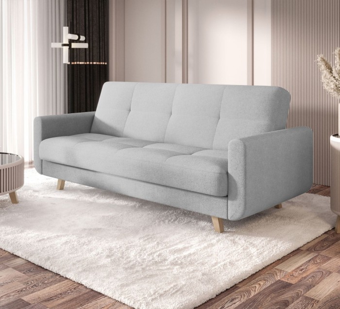 Jasnoszara sofa rozkładana Milo w salonie – nowoczesna kanapa z funkcją spania