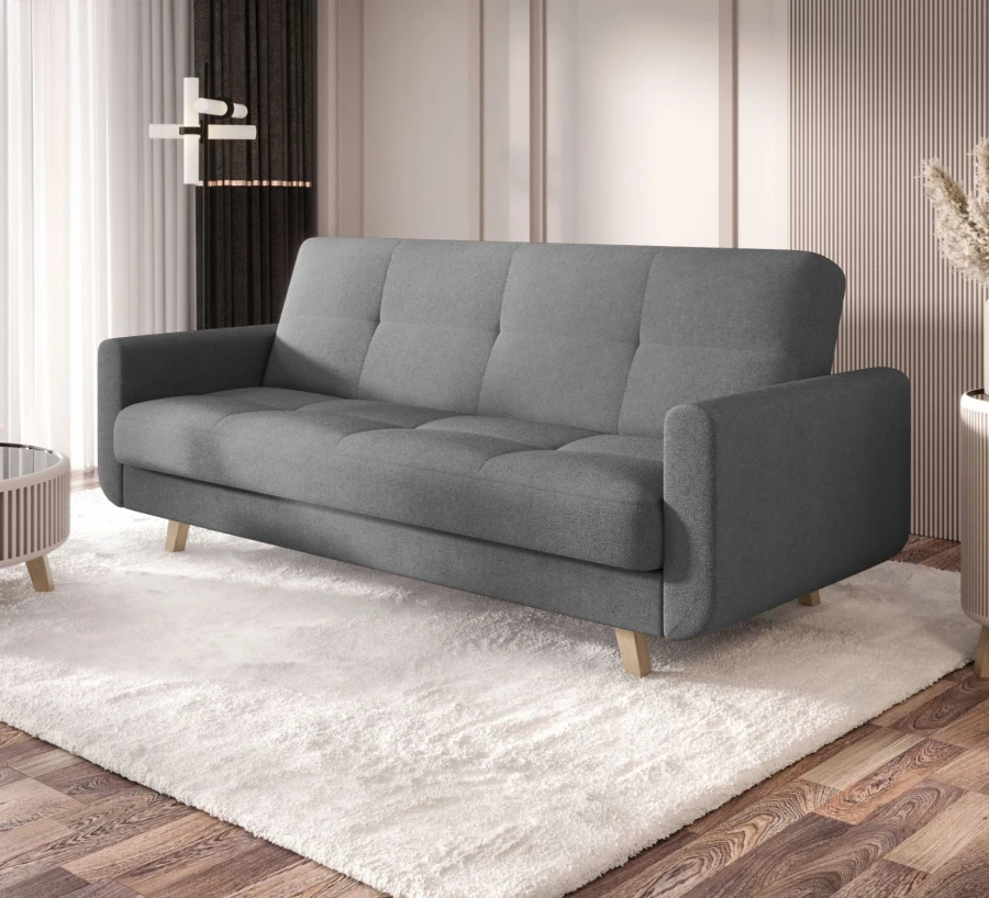 Ciemnoszara sofa rozkładana Milo w salonie – nowoczesna kanapa z funkcją spania